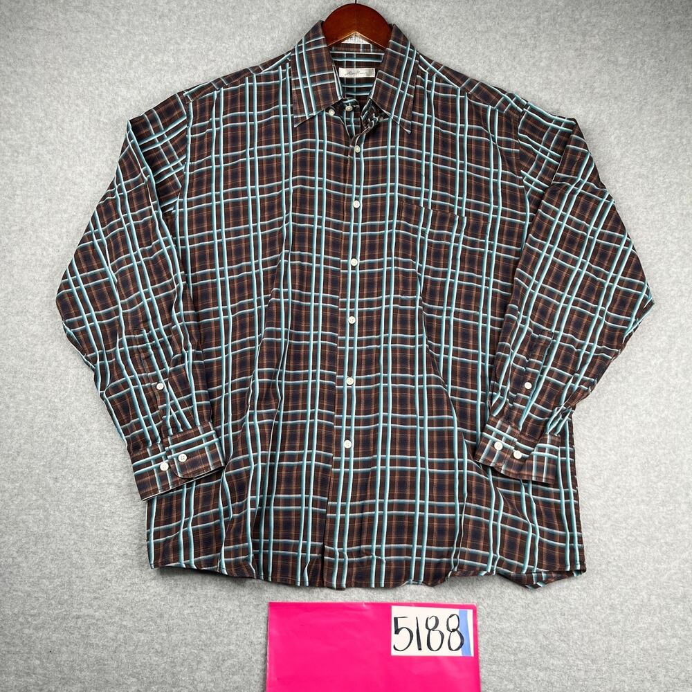 Alan Flusser Shirt Large Brown Blue Plaid Button Up Long Sleeve Casual Mens